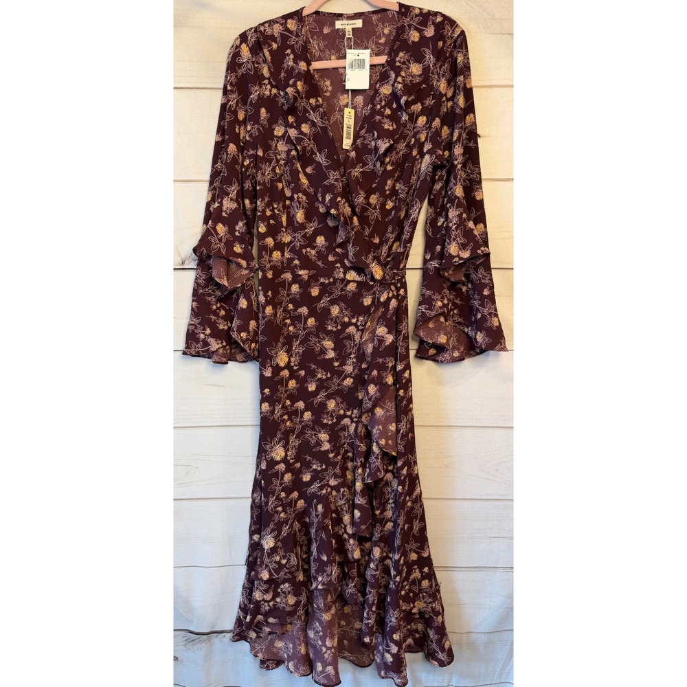 Max Studio Womens Floral Ruffle Wrap Dress Beet Purple Large 8910C64